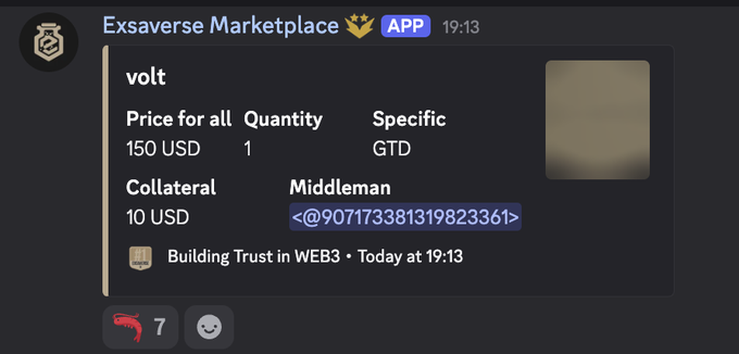 The image is a Discord message from the "Exsaverse Marketplace" app showing a listing for "volt" priced at 150 USD with 10 USD collateral and a middleman contact, including a "Building Trust in WEB3" message. It relates to the post by highlighting an OTC sale of the volt NFT (priced at $150) through their marketplace, linking the advertised middleman service to the broader mint announcement.