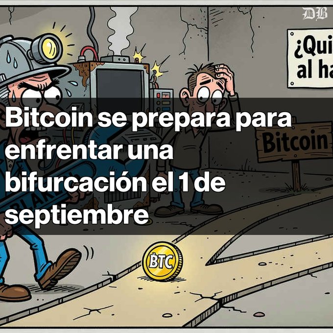 A Spanish-language news graphic titled 'Bitcoin se prepara para enfrentar una bifurcación el 1 de septiembre' featuring a cartoon of a miner and a Bitcoin coin on railroad tracks.
