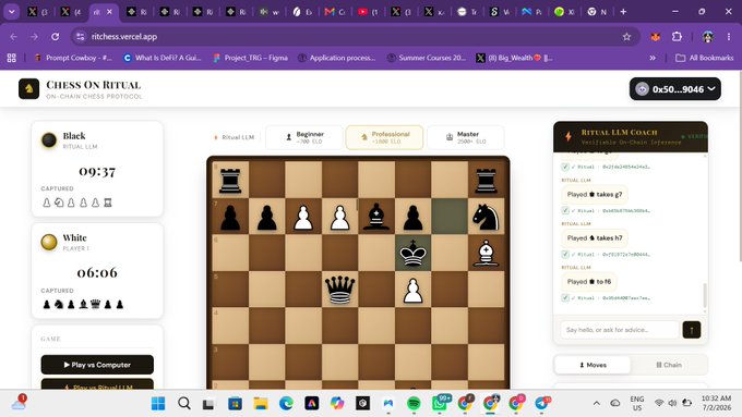 A screenshot of the 'Ritual LLM Coach' chess application on riches.vercel.app showing a game between Black (Ritual LLM) and White (Player) with timers, captured pieces, and a chat panel on the right.