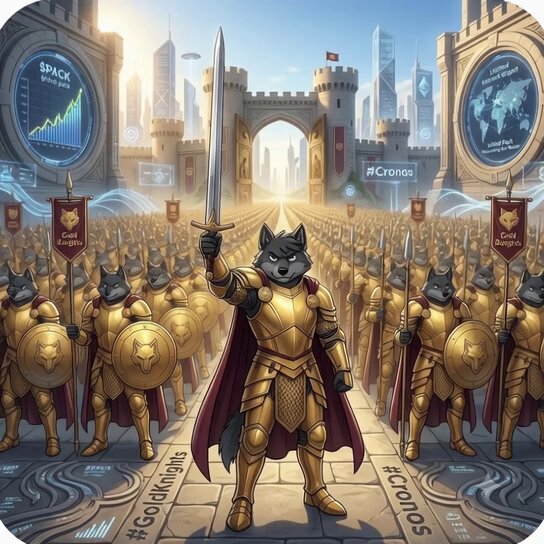The image features a group of knights wearing armor and holding swords, standing together with their shields raised. The text "OFFICIAL ANNOUNCEMENT" is present at the top left corner of the image. In the bottom right corner, there's a caption that reads "@CryptoGold94 @Mattia Passionate #CROONSECREATORS @Cronos ecosystem builder, community leader, and Co-Founder of Panca'S IT Community". The knights are positioned in front of a castle with a moat.