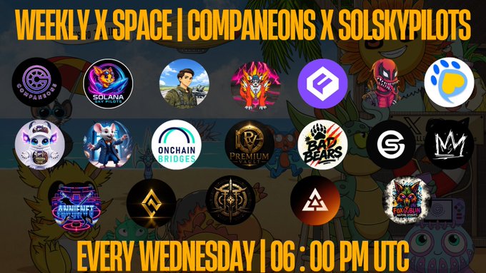 A promotional banner for 'WEEKLY X SPACE | COMPANEONS X SOLSKYPILOTS' featuring various NFT/community logos including Solana, Onchain Bridges, Premium, and Bad Bears, scheduled every Wednesday at 06:00 PM UTC.