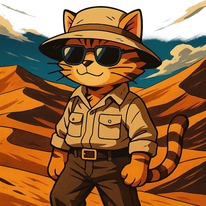 The image features a cartoon cat wearing sunglasses, a hat, and a shirt with pockets. The cat appears to be standing in front of a mountain range or desert landscape, giving off an impression of being outdoors and enjoying the day. The caption for the image reads "Morning desert vibes unlocked. $CWIF #CWIF". This suggests that the image is related to a post about exploring the outdoors on a sunny day.