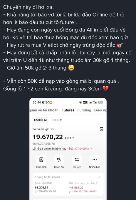 A Vietnamese social media post about crypto trading losses on Binance Futures, showing a margin balance of 19,670.22 USDT and PnL of -63,471 (-0.09%).