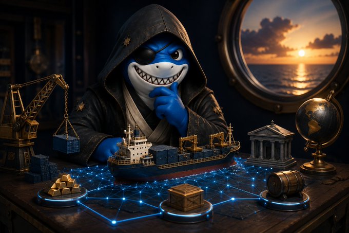 A digital illustration of a hooded blue shark character in a contemplative pose, sitting at a desk with miniature ships, shipping containers, gold bars, and a network of glowing connections, with an ocean sunset visible through a porthole.