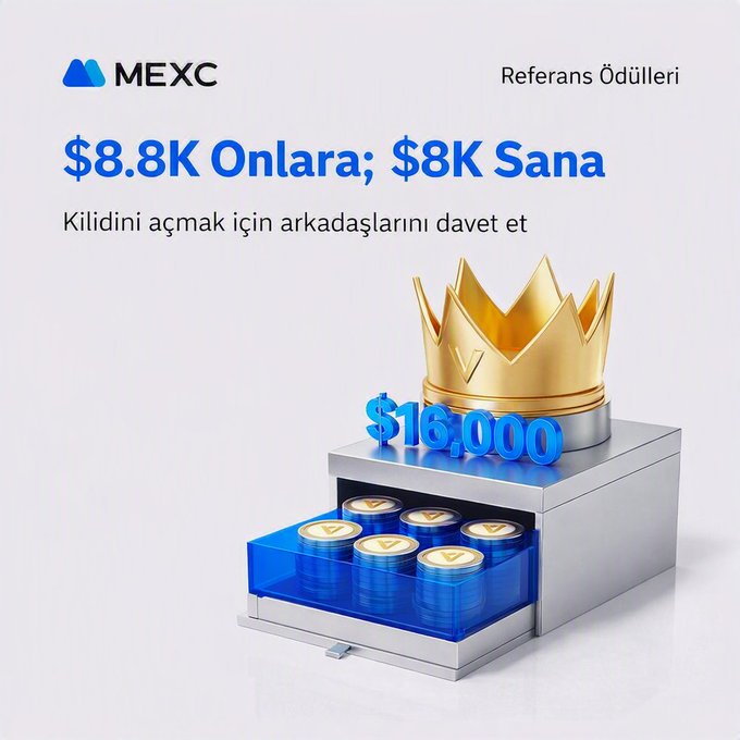 A MEXC promotional banner for the "Referans Ödülleri" (Referral Rewards) campaign, featuring a golden crown above a drawer filled with coins and "$16,000" displayed prominently. The image advertises "$8.8K Onlara; $8K Sana" (invite friends to unlock rewards), tying into a campaign encouraging users to refer friends, make deposits, and complete buy-sell transactions before August 29.
