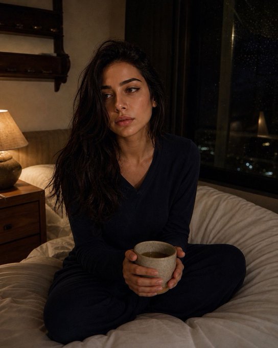A woman with long dark wavy hair wearing a dark navy long-sleeved top, sitting cross-legged on a bed while holding a ceramic mug, with a lit lamp on a nightstand and a window showing a rainy city view at night in the background.