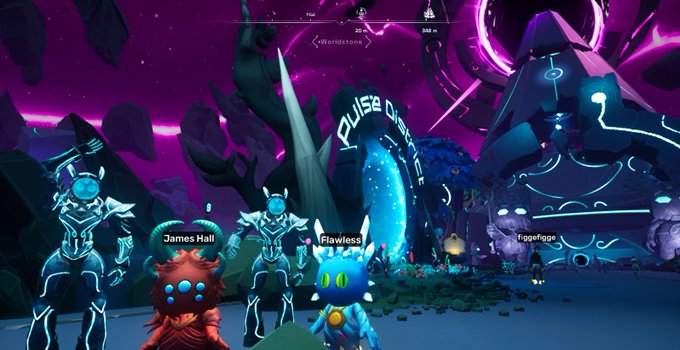 A screenshot from a video game shows a vibrant, neon-lit alien landscape with a portal structure labeled 'PULSE District' and avatars named 'James Hall', 'Flawless', and 'Figgeface' standing in the foreground.