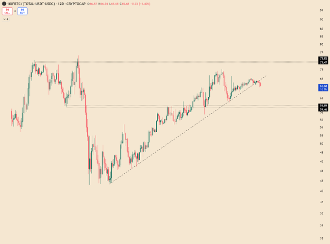 A candlestick price chart of the '100BTC/TOTAL-USDT-USDC' trading pair on Cryptocap, showing a current price of 65.68 and a -0.93% change.