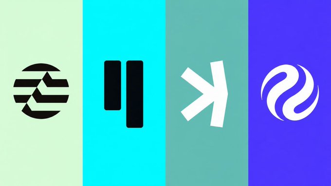 Four vertical color panels display stylized logos: a black circular emblem on mint green, a pause-like symbol on teal, a white angular 'Y' shape on sea green, and a white swirling design on bright blue.