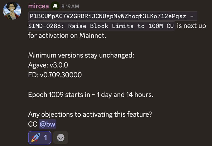 Discord message from user 'mircea' at 8:19 AM about SIMD-0286: Raise Block Limits to 100M CU activation on Mainnet, with minimum versions and Epoch 1009 timing.