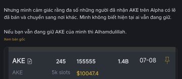 The image shows a Binance Alpha listing for the AKE token (Akedo), displaying 5k slots with a current value of $10074 per claim, compared to its earlier worth of 40-50$, illustrating the massive airdrop value appreciation referenced in the post.
