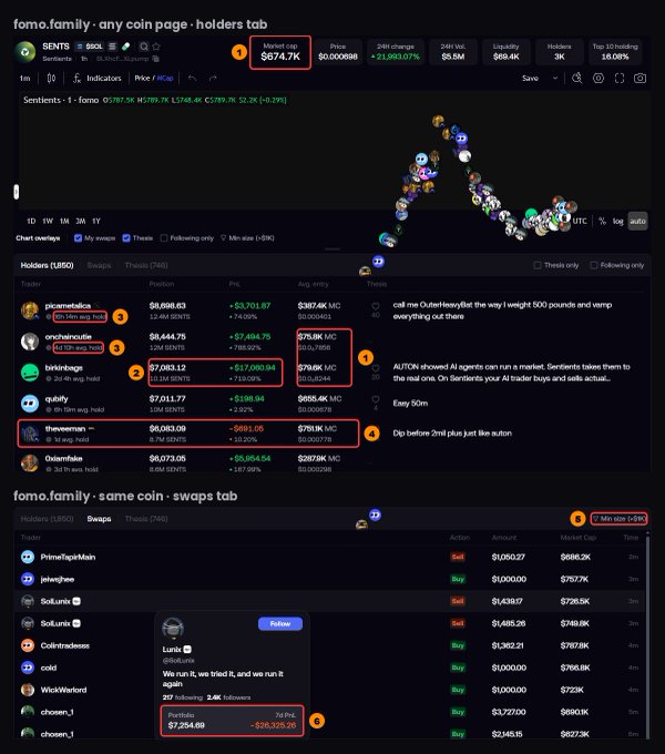 A crypto analytics dashboard for the token SENTS shows a market cap of $674.7K, with highlighted holders including 'picometabolic' ($8,698.63), 'birkinbags' ($7,063.12), and 'thewerman' ($6,083.09), along with a '7 Min size (+0.1K)' buy activity alert.