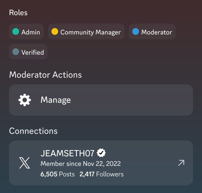 A screenshot displays a social media profile sidebar showing the user "JEAMSETH07" holds four role badges—Admin (green), Community Manager (yellow), Moderator (blue), and Verified (gray)—with a Moderator Actions "Manage" button, 6,505 Posts, 2,417 Followers, and a member since date of Nov 22, 2022, visually confirming their new Community Manager role celebrated in the accompanying post.
