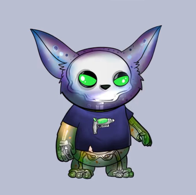 A digital illustration of a robot-like character with large purple and white ears, green eyes, and a green glowing hand, wearing a dark blue t-shirt with a small graphic on it.