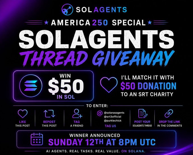 A promotional graphic for a 'SOLAGENTS THREAD GIVEAWAY' as part of an 'AMERICA 250 SPECIAL', offering to win $50 in SOL with a matching $50 donation to an SRT charity, with instructions to like, repost, tag, and comment, and the winner announced Sunday 12th at 8PM UTC.