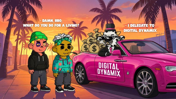 A cartoon-style comic scene with palm trees at sunset where two characters ask '- DAMN, BRO, WHAT DO YOU DO FOR A LIVING?' and a tuxedo-wearing cat in a pink convertible labeled 'DIGITAL DYNAMIX' replies '- I DELEGATE TO DIGITAL DYNAMIX'.