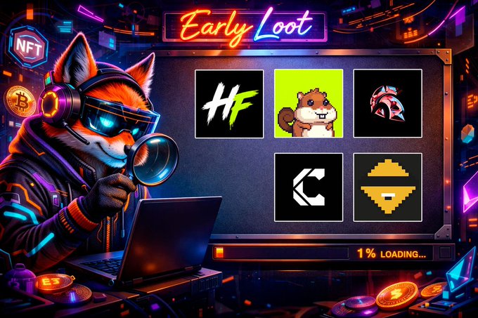A vibrant digital illustration featuring a cyberpunk fox wearing headphones and VR-style goggles, looking through a magnifying glass at a laptop, with the title "Early Loot" displayed above five NFT-style token logos including HF and others.