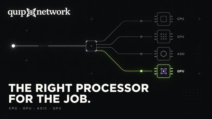 A promotional graphic for 'quip network' with the tagline 'THE RIGHT PROCESSOR FOR THE JOB,' showing a diagram connecting a node to CPU, GPU, ASIC, and QPU processor options.