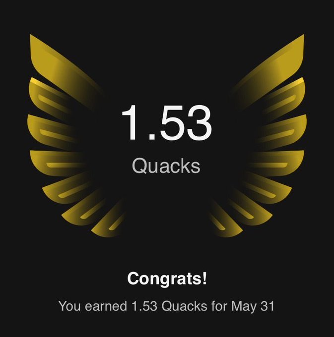 The image shows a scorecard for Quacks, which indicates that 1,543 Quacks have been earned. The scorecard also displays a congratulatory message at the bottom, congratulating the user on their achievement of earning 1,543 Quacks.