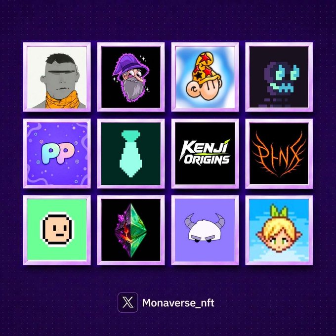 A promotional graphic for Monaverse_nft displaying a 4x3 grid of various NFT profile pictures including characters, pixel art, and logos like Kenji Origins and PHNX.