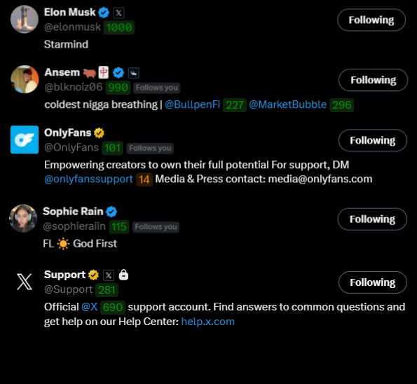 A screenshot of an X (Twitter) profile's following list, showing accounts like Elon Musk (@elonmusk), Ansem (@blknoiz06), OnlyFans, Sophie Rain (@sophierain), and Support (@Support).