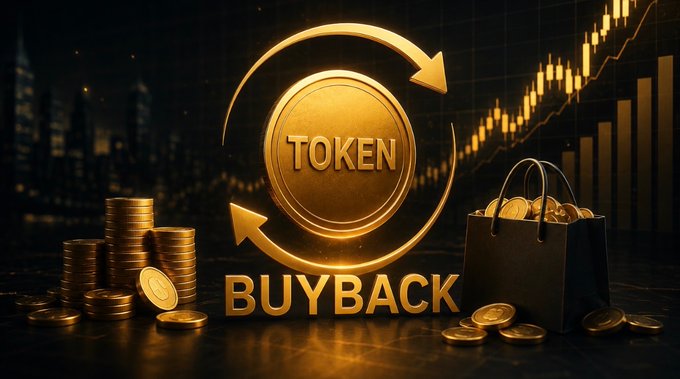 A digital graphic features a golden coin labeled 'TOKEN' encircled by arrows, with 'BUYBACK' displayed below, set against a backdrop of coins, a shopping bag, and rising stock charts.