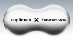 A 3D metallic graphic showing a collaboration between 'optimum' and 'Ethereum Korea'.