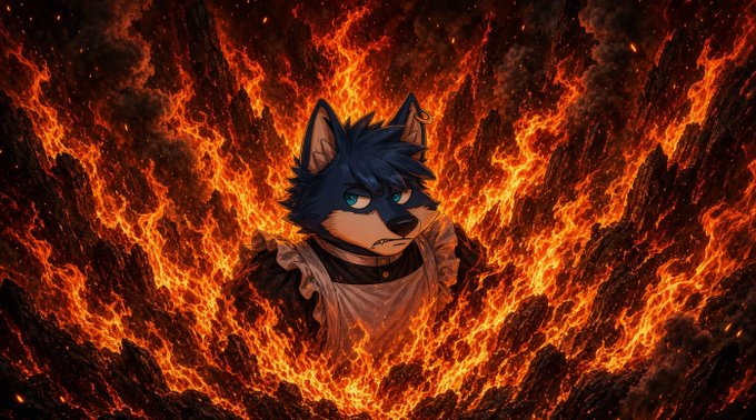 Digital artwork of an anthropomorphic wolf character with blue fur and a serious expression, emerging from a dramatic background of erupting flames and dark rocks.