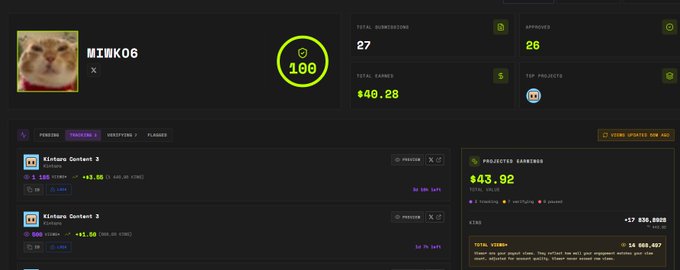 Dashboard screenshot for user M1WK06 with 100 rating, showing 27 total submissions, 26 approved, $40.28 total earnings, and projects earnings of $43.92.