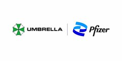 A white background displays two logos side by side: a green 'X' logo with the text 'UMBRELLA', and a blue and purple circular logo with the text 'Pfizer'.