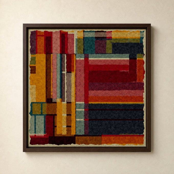 A framed abstract textile artwork displayed on a plain wall, composed of colorful rectangular fabric blocks in shades of red, yellow, blue, green, and purple.