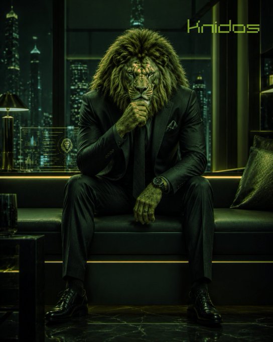 An anthropomorphic lion character in a dark green suit sits contemplatively on a leather couch in a high-rise penthouse setting, with stylized 'Kriidos' text in the upper right corner.