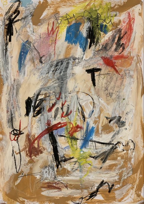 An abstract expressionist painting featuring chaotic brushstrokes, scribbles, and splashes of black, red, blue, green, and yellow paint on a tan background.