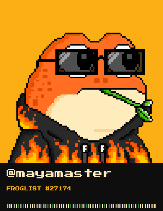 A pixel art illustration of an orange frog character wearing black sunglasses, smoking a green cigarette, and wearing a black hoodie with flames. The text "@mayamaster" and "FROGLIST #27174" appears at the bottom.