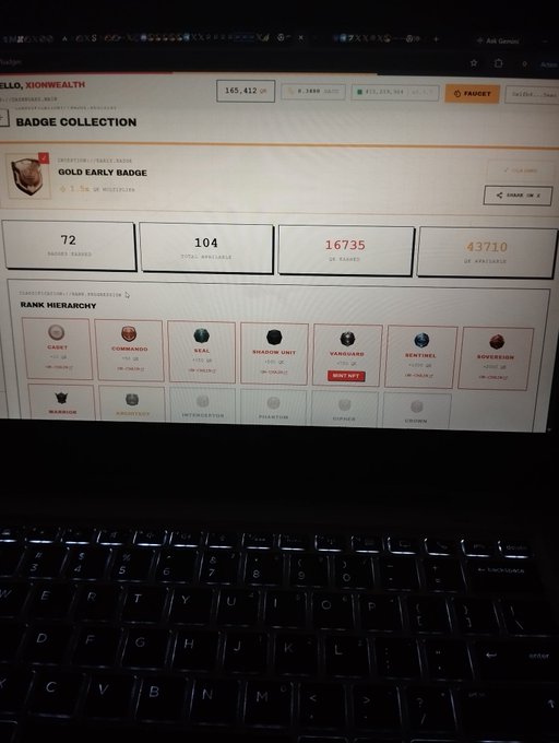 A laptop screen displays a XIONWEALTH badge collection page showing 72 badges earned, 104 total available, 16,735 XP earned, and a rank hierarchy including levels like Giant, Commander, Seal, and Vanguard.