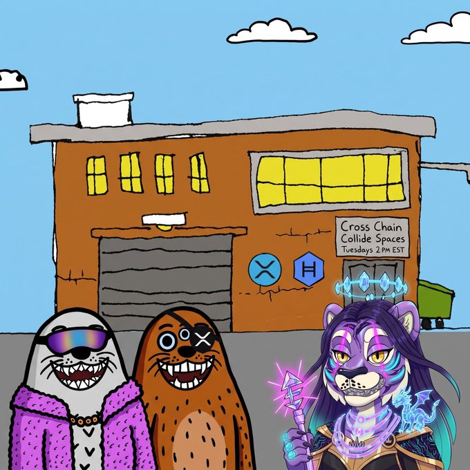 Cartoon-style artwork featuring a seal in sunglasses and a furry creature next to a purple-haired anthropomorphic tiger girl, set against a brick building labeled "Cross Chain Collide Spaces Tuesdays 2 PM EST".