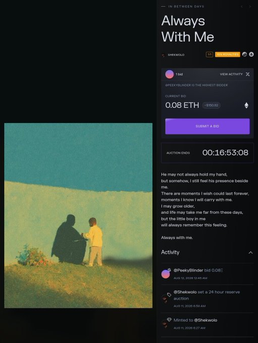 An NFT auction listing titled 'Always With Me' by sheekwolo on the IN BETWEEN DAYS platform, featuring a painting of a child beside a shadow, with a current bid of 0.08 ETH by @PeekyBlinder.