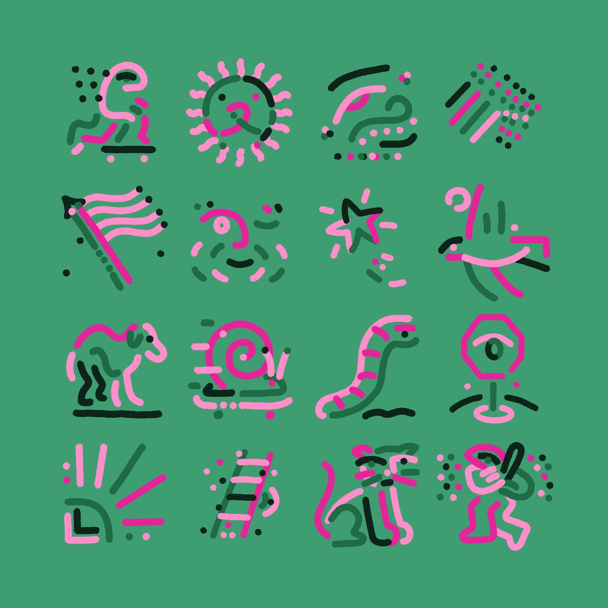 The image features a collection of 16 different icons, each with its own unique design and color scheme. The icons are arranged in four rows of four, creating a grid-like pattern that allows for easy comparison between them. Some of these icons include a bird flying through the sky, a cat sitting on a chair, a snake slithering across the floor, and various other objects such as a cup, a clock, and a person. The colors used in the icons are predominantly pink and green, adding to their distinctiveness and making them stand out against each other.
