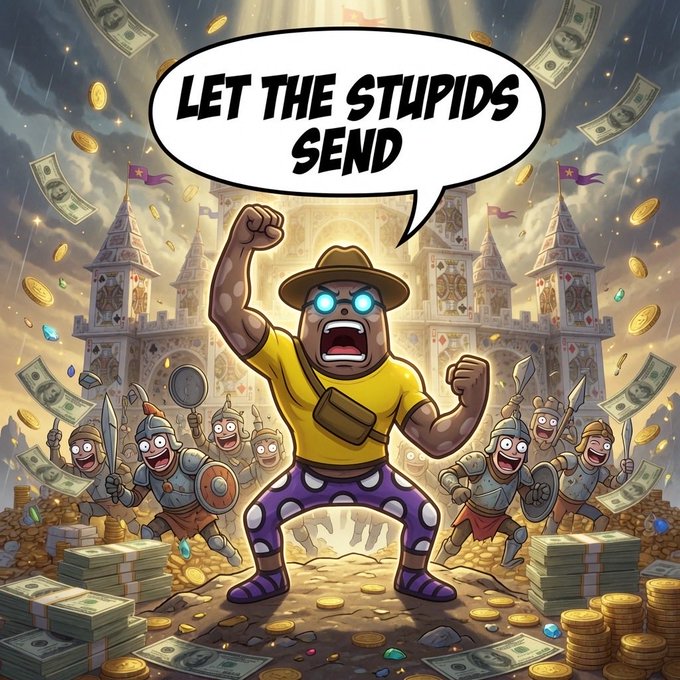 A cartoon character in a yellow shirt and purple pants stands triumphantly amid piles of gold coins and dollar bills, declaring 'LET THE STUPIDS SEND' while armored knights cheer around a castle.