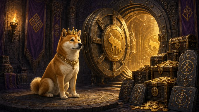 A digital illustration depicts a Shiba Inu dog wearing a gold crown and chain, sitting in a dungeon next to a massive golden vault door engraved with a Shiba logo, surrounded by treasure chests and gold coins.