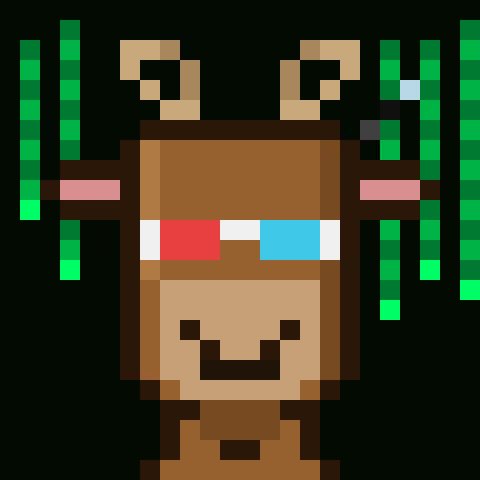 A pixel art image of a brown deer-like creature with antlers, red and blue eyes, pink cheeks, and green pixelated vegetation in the background.