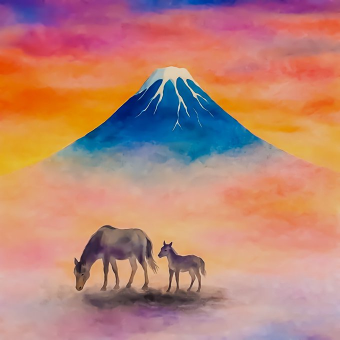 A watercolor-style painting depicting two horses standing on a small patch of ground in front of a snow-capped blue mountain resembling Mount Fuji, set against a vibrant pink and orange sunset sky.