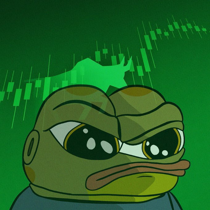 A cartoon Pepe the Frog character with a sad, droopy expression appears against a green background featuring candlestick charts and a rising bull silhouette, suggesting a meme related to financial market losses.