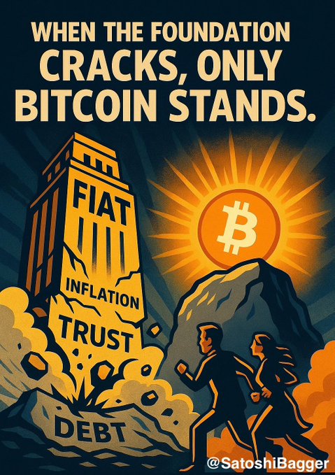 A Bitcoin-themed propaganda-style poster reading 'WHEN THE FOUNDATION CRACKS, ONLY BITCOIN STANDS,' depicting crumbling fiat/inflation/trust/debt pillars contrasted with a glowing Bitcoin sun, credited to @SatoshiBagger.