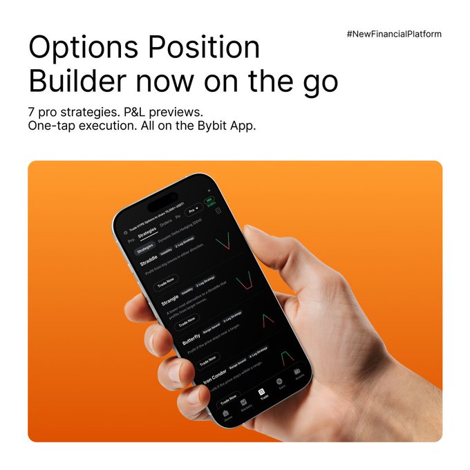 Bybit promotes its mobile “Options Position Builder,” now available in the Bybit app, featuring 7 pro strategies, P&L previews, and one-tap execution. The image shows a hand holding a phone displaying options strategies on an orange background.