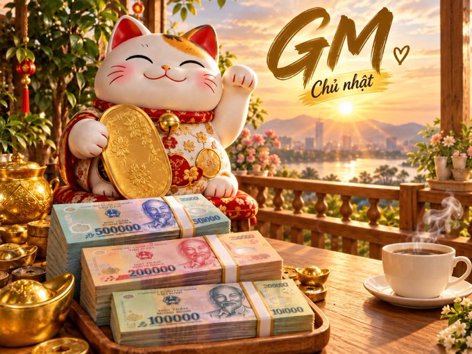 A festive digital illustration featuring a smiling lucky cat (Maneki-neko) holding a gold coin, surrounded by Vietnamese dong banknotes (500000, 200000, 100000), gold ingots, and a cup of coffee, with 'GM Chủ nhật' (Good Morning Sunday) text.