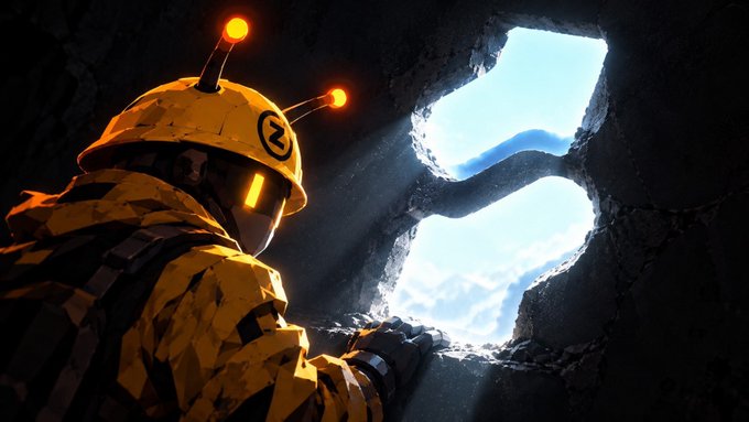 A futuristic yellow-armored worker or miner stands inside a dark cave opening with glowing helmet lights and bright daylight entering from outside.