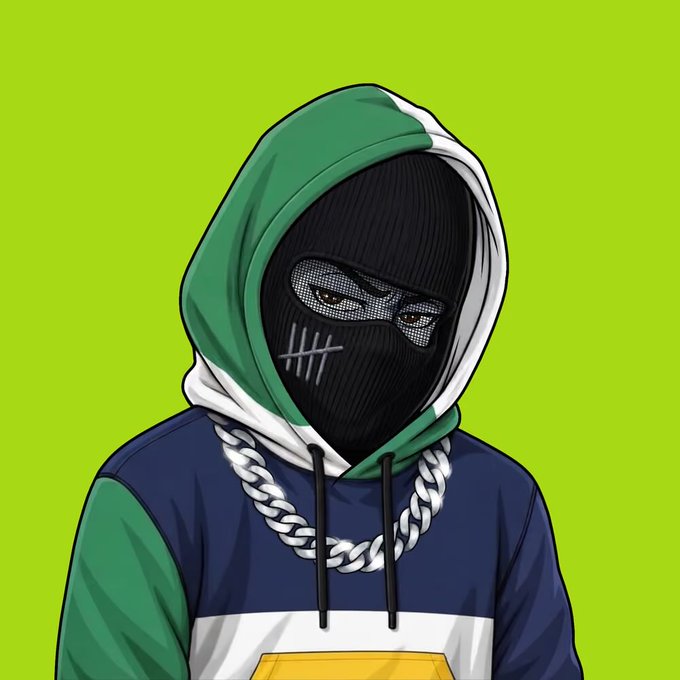 A stylized cartoon illustration of a character wearing a black ski mask with eye cutouts, a green, navy, and white hoodie, and a chunky silver chain necklace against a bright lime green background.