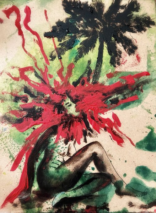 An abstract painting features a reclining figure in dark green and black tones, dramatically contrasted with vibrant red floral or explosive brushstrokes and dark green palm-like foliage.