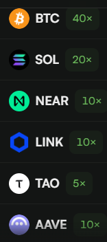 A cryptocurrency trading list showing BTC 40x, SOL 20x, NEAR 10x, LINK 10x, TAO 5x, and AAVE 10x with their respective logos.